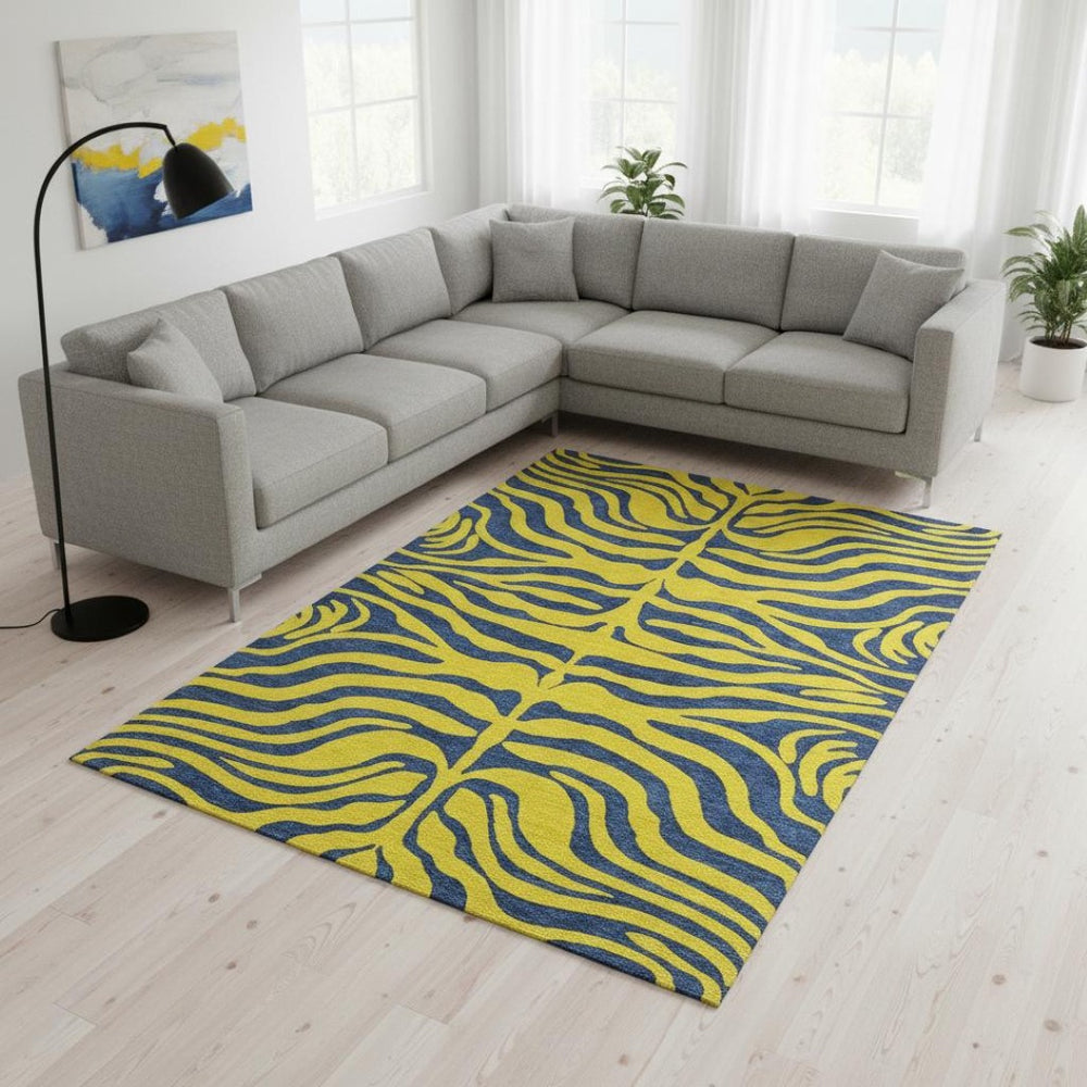HomeRoots 9' X 12' Yellow & Navy Blue Animal Print Washable Rug - Stylish, Durable, UV-Protected for Homes! 681868