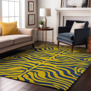 HomeRoots 9' X 12' Yellow & Navy Blue Animal Print Washable Rug - Stylish, Durable, UV-Protected for Homes! 681868