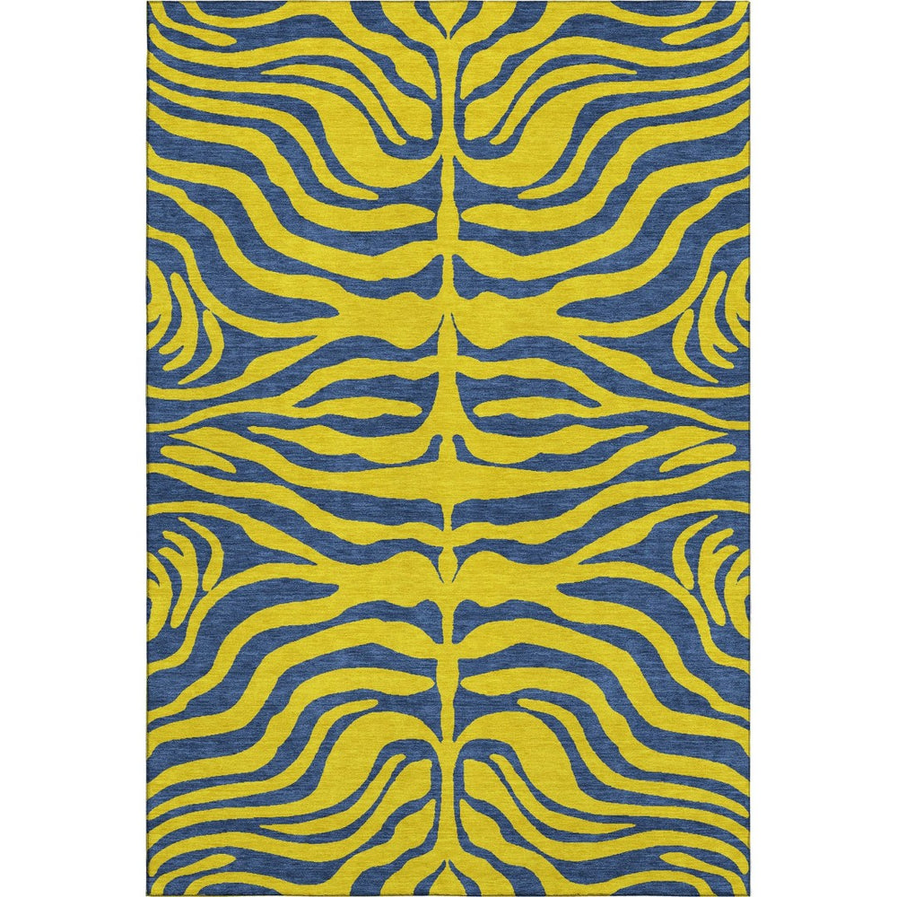 HomeRoots 9' X 12' Yellow & Navy Blue Animal Print Washable Rug - Stylish, Durable, UV-Protected for Homes! 681868