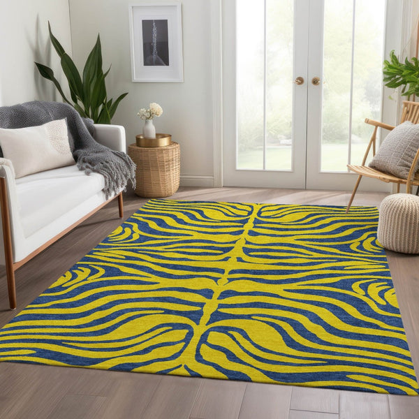 HomeRoots 9' X 12' Yellow & Navy Blue Animal Print Washable Rug - Stylish, Durable, UV-Protected for Homes! 681868