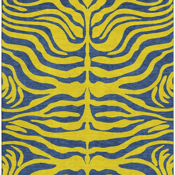 HomeRoots 9' X 12' Yellow & Navy Blue Animal Print Washable Rug - Stylish, Durable, UV-Protected for Homes! 681868
