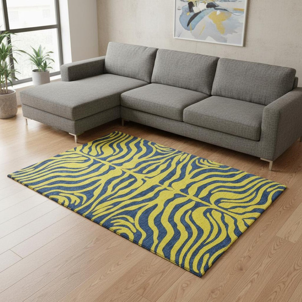 HomeRoots 10' X 14' Animal Print Washable Area Rug in Yellow & Navy - Stain Resistant, UV Protected, Durable Design 681869