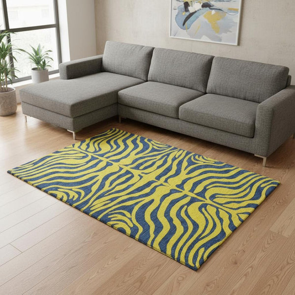 HomeRoots 10' X 14' Animal Print Washable Area Rug in Yellow & Navy - Stain Resistant, UV Protected, Durable Design 681869