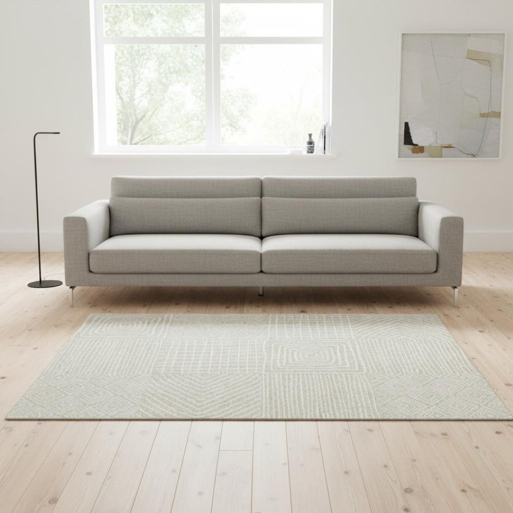 HomeRoots 5' X 8' Beige & Ivory Geometric Area Rug – Washable, Stain Resistant, UV Protected, Non-Slip Backing! 681871