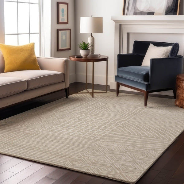 HomeRoots 5' X 8' Beige & Ivory Geometric Area Rug – Washable, Stain Resistant, UV Protected, Non-Slip Backing! 681871