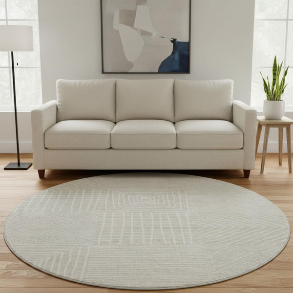 HomeRoots 8' Beige and Ivory Geometric Round Rug – Washable, UV-Protected, Durable for High-Traffic Areas 681872