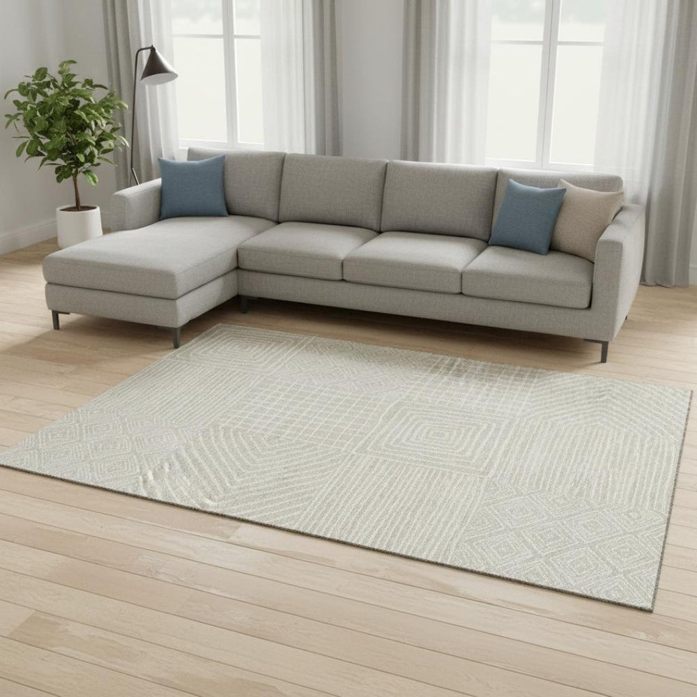 HomeRoots 8' X 10' Beige and Ivory Geometric Washable Area Rug - UV Protected, Stylish, and Stain Resistant! 681873