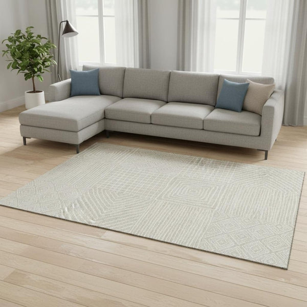 HomeRoots 8' X 10' Beige and Ivory Geometric Washable Area Rug - UV Protected, Stylish, and Stain Resistant! 681873
