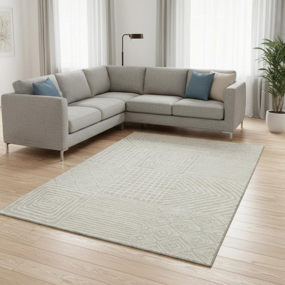 HomeRoots 10' X 14' Modern Beige & Ivory Geometric Washable Area Rug – Durable, UV-Protected, Family Friendly! 681875