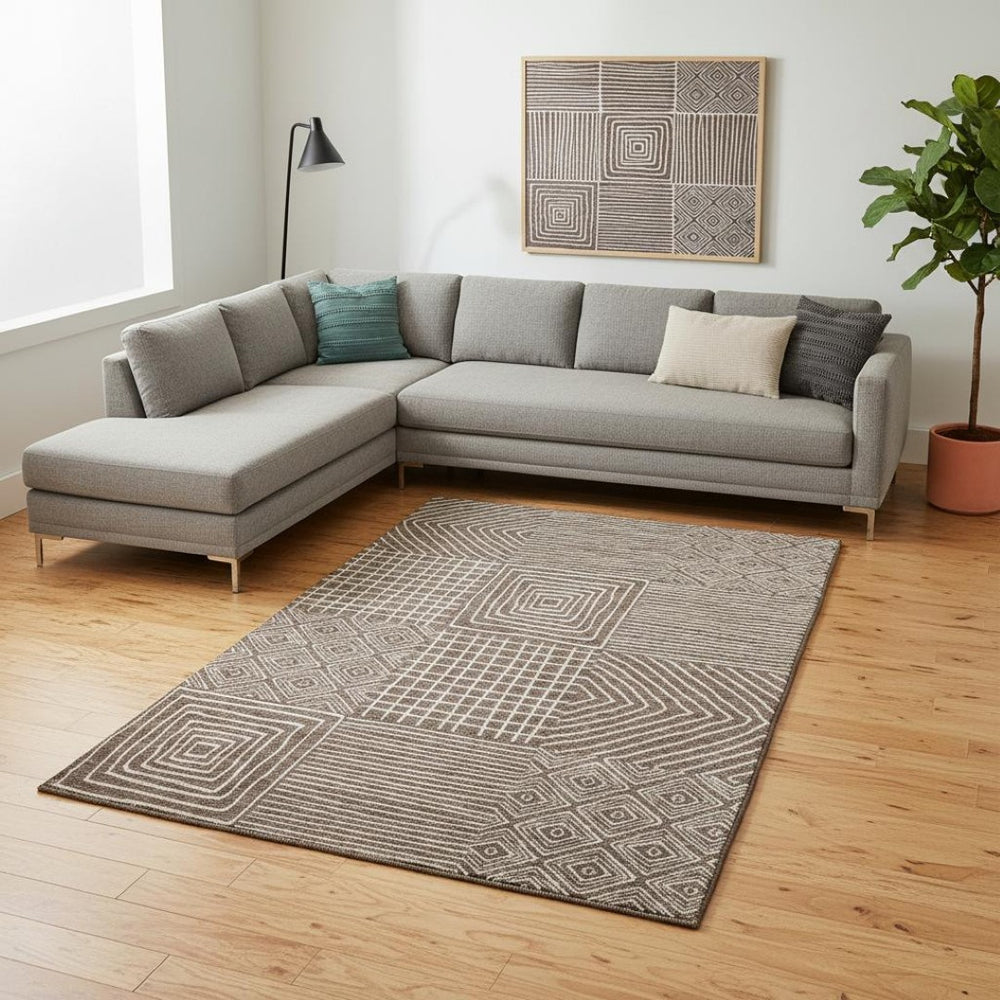 HomeRoots 8' X 10' Brown And Beige Geometric Area Rug – Durable, Washable, UV-Protected for Active Homes! 681879