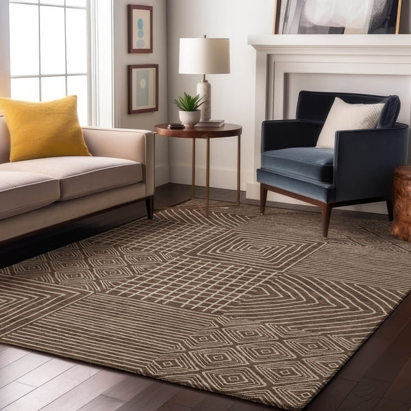HomeRoots 8' X 10' Brown And Beige Geometric Area Rug – Durable, Washable, UV-Protected for Active Homes! 681879