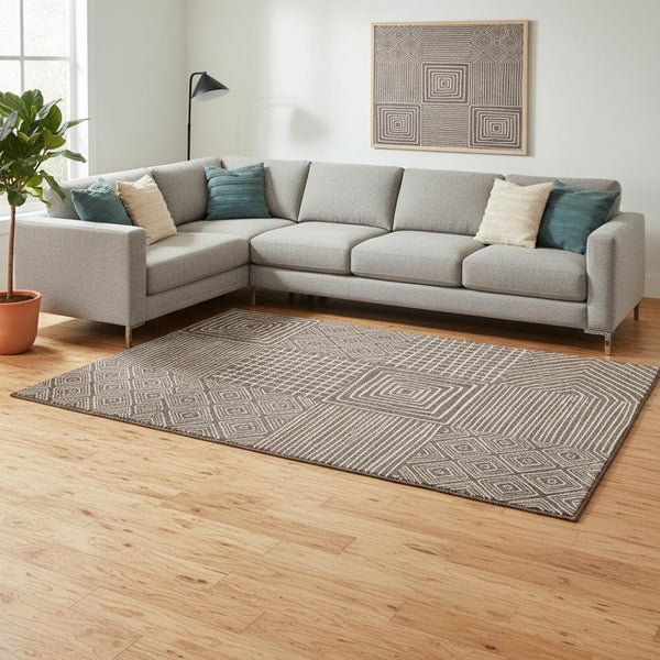 HomeRoots 9' X 12' Stylish Brown & Beige Geometric Washable Area Rug with UV Protection for Family Spaces 681880