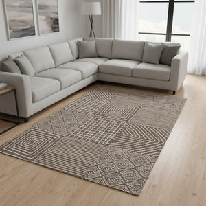 HomeRoots 10' X 14' Brown & Beige Geometric Area Rug - Durable, Washable, UV Protected for High-Traffic Homes 681881