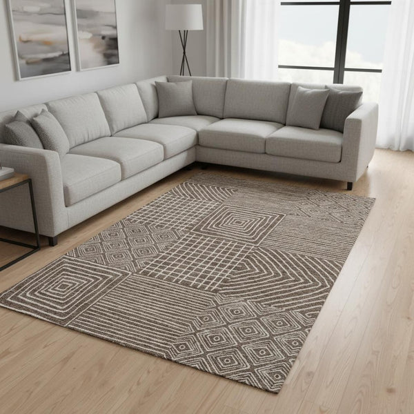 HomeRoots 10' X 14' Brown & Beige Geometric Area Rug - Durable, Washable, UV Protected for High-Traffic Homes 681881