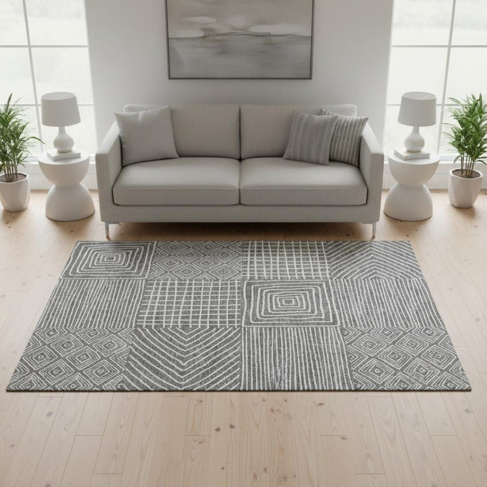 HomeRoots 5' X 8' Charcoal & Ivory Geometric Area Rug - Washable, UV Protected, Ideal for Busy Homes & Spaces 681883