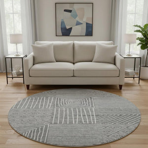 HomeRoots 8' Charcoal and Ivory Geometric Washable Round Rug – Durable, Stylish, and UV-Protected for Every Space! 681884