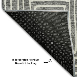 HomeRoots 8' Charcoal and Ivory Geometric Washable Round Rug – Durable, Stylish, and UV-Protected for Every Space! 681884