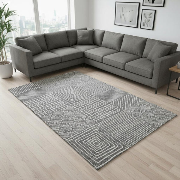 HomeRoots 8' X 10' Charcoal & Ivory Geometric Area Rug - Washable, Durable, UV Protected for High-Traffic Homes 681885