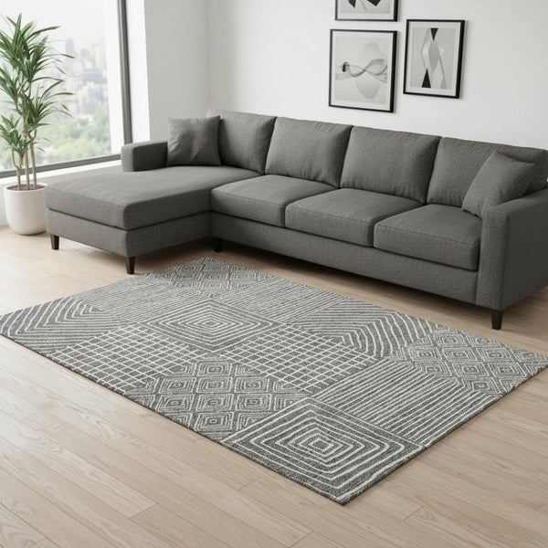 HomeRoots 9' X 12' Charcoal & Ivory Geometric Area Rug – Stylish, Washable, UV-Protected & Pet-Friendly Design 681886