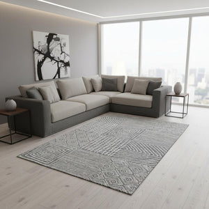 HomeRoots 10' Charcoal and Ivory Geometric Area Rug - Washable, UV-Protected, Durable for High-Traffic Spaces 681887