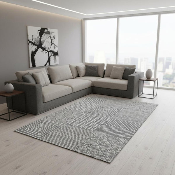 HomeRoots 10' Charcoal and Ivory Geometric Area Rug - Washable, UV-Protected, Durable for High-Traffic Spaces 681887
