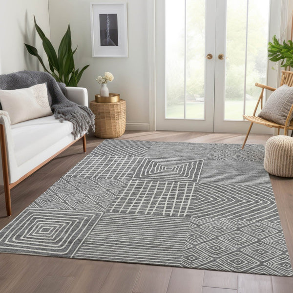 HomeRoots 10' Charcoal and Ivory Geometric Area Rug - Washable, UV-Protected, Durable for High-Traffic Spaces 681887