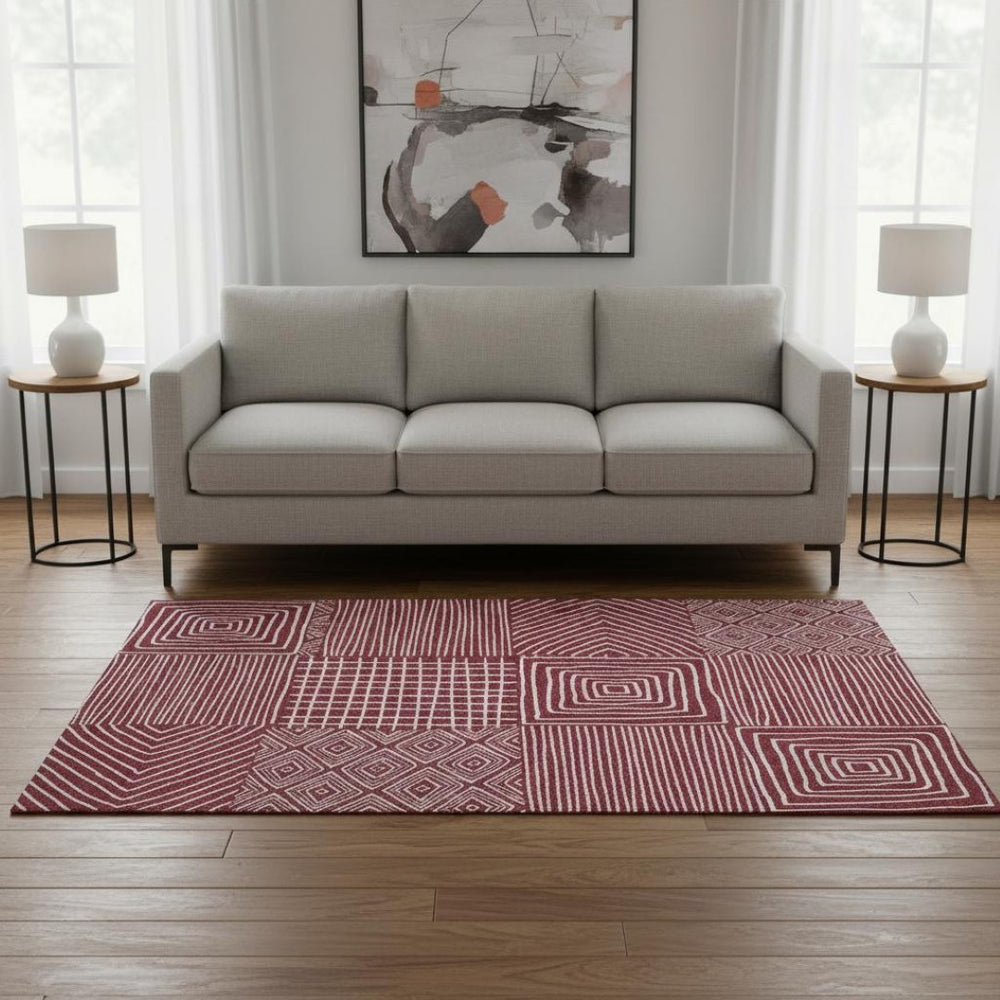 HomeRoots 5' X 8' Burgundy and Ivory Geometric Area Rug – Durable, Washable, UV-Protected for Modern Homes 681889