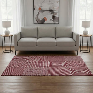 HomeRoots 5' X 8' Burgundy and Ivory Geometric Area Rug – Durable, Washable, UV-Protected for Modern Homes 681889