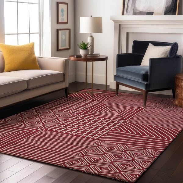 HomeRoots 5' X 8' Burgundy and Ivory Geometric Area Rug – Durable, Washable, UV-Protected for Modern Homes 681889