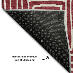 HomeRoots 5' X 8' Burgundy and Ivory Geometric Area Rug – Durable, Washable, UV-Protected for Modern Homes 681889