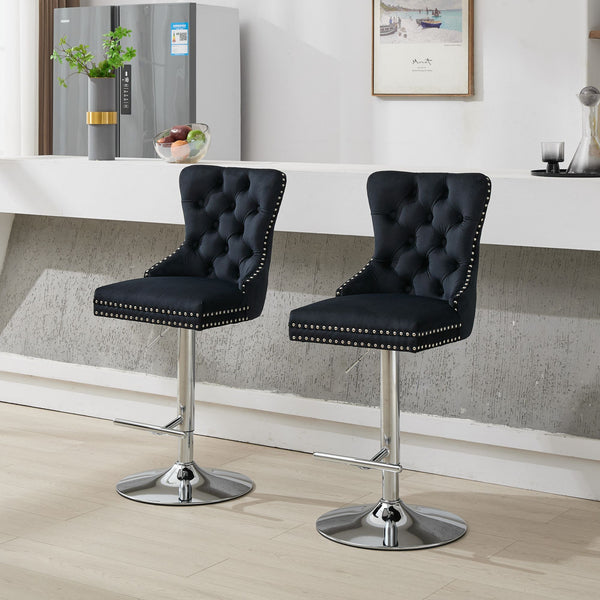 English Elm Thick Velvet Swivel Barstools Adjustable 25-33" Height with 17.7" Chrome Base, Tufted Diamond Pleat Elegance Black W1143P335042