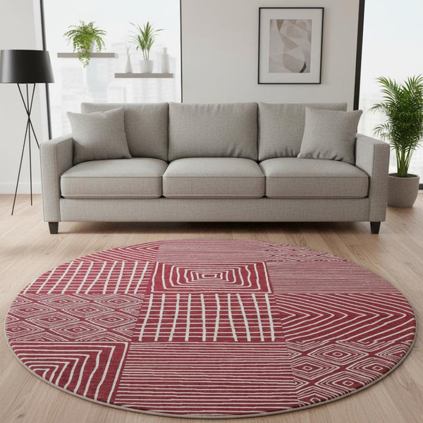 HomeRoots 8' Burgundy and Ivory Geometric Round Rug – Washable, UV Protected, Durable Design for Any Space 681890