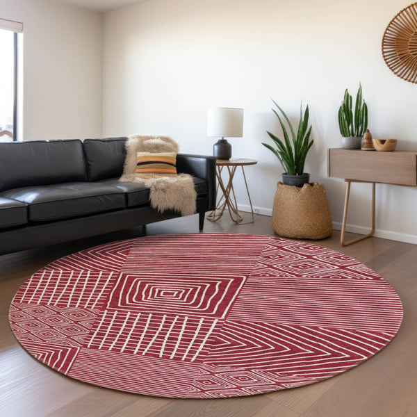 HomeRoots 8' Burgundy and Ivory Geometric Round Rug – Washable, UV Protected, Durable Design for Any Space 681890