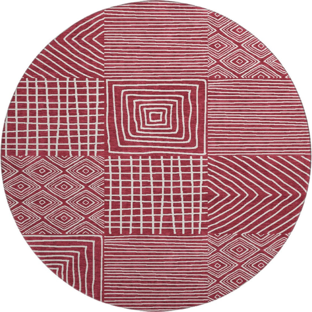 HomeRoots 8' Burgundy and Ivory Geometric Round Rug – Washable, UV Protected, Durable Design for Any Space 681890