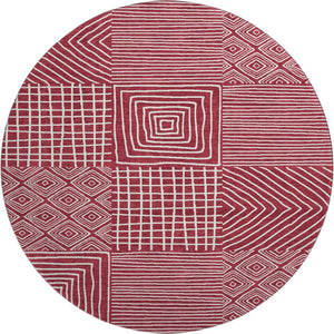 HomeRoots 8' Burgundy and Ivory Geometric Round Rug – Washable, UV Protected, Durable Design for Any Space 681890