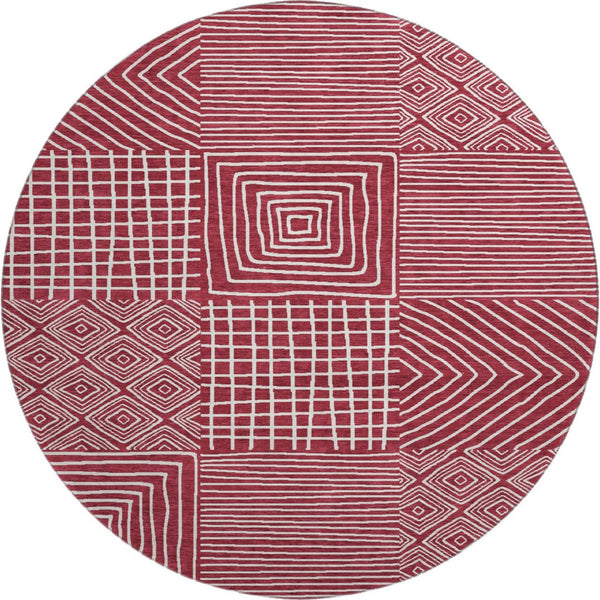 HomeRoots 8' Burgundy and Ivory Geometric Round Rug – Washable, UV Protected, Durable Design for Any Space 681890