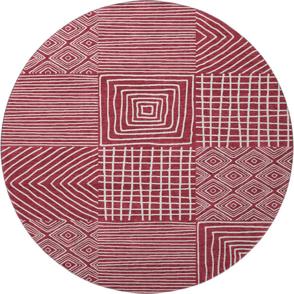 HomeRoots 8' Burgundy and Ivory Geometric Round Rug – Washable, UV Protected, Durable Design for Any Space 681890