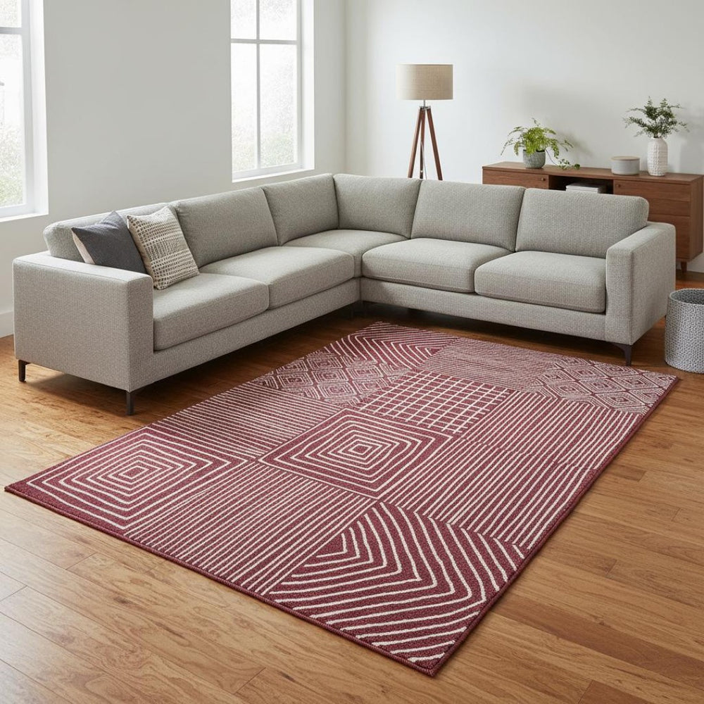 HomeRoots 8' X 10' Burgundy and Ivory Geometric Area Rug – Washable, UV-Protected, Stain-Resistant Design! 681891