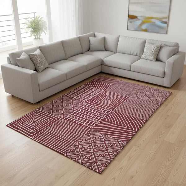 HomeRoots 10' X 14' Burgundy And Ivory Geometric Area Rug – Washable, Stain-Resistant, UV-Protected Design! 681893