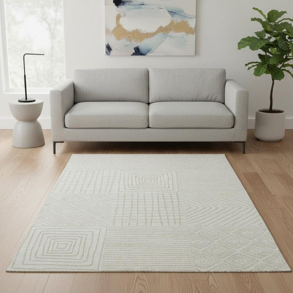 HomeRoots 5' X 8' Stylish Ivory Beige Geometric Area Rug - Washable, UV Protected, Pet & Kid Friendly Design! 681895