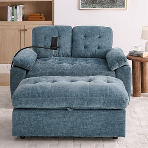 English Elm Leisure Chenille Two Seat Reclining Sofa with Usb Port Storage Ottoman Padded Armrests Blue W487S00516