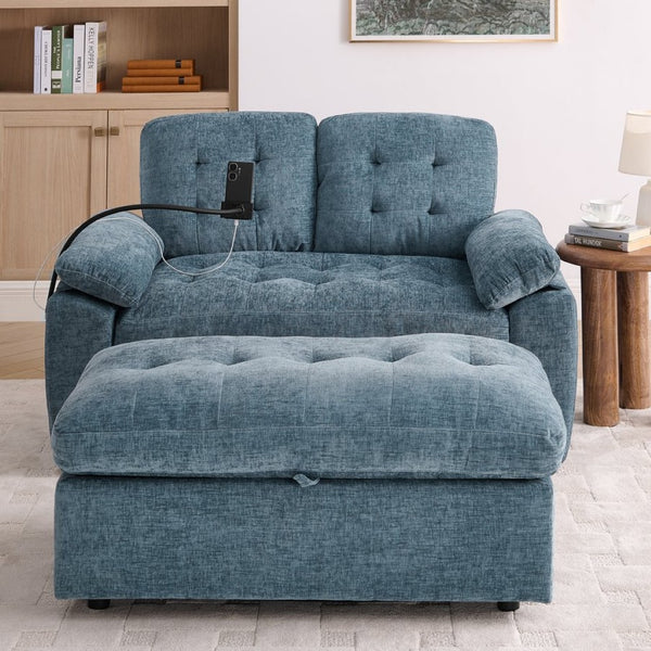 English Elm Leisure Chenille Two Seat Reclining Sofa with Usb Port Storage Ottoman Padded Armrests Blue W487S00516