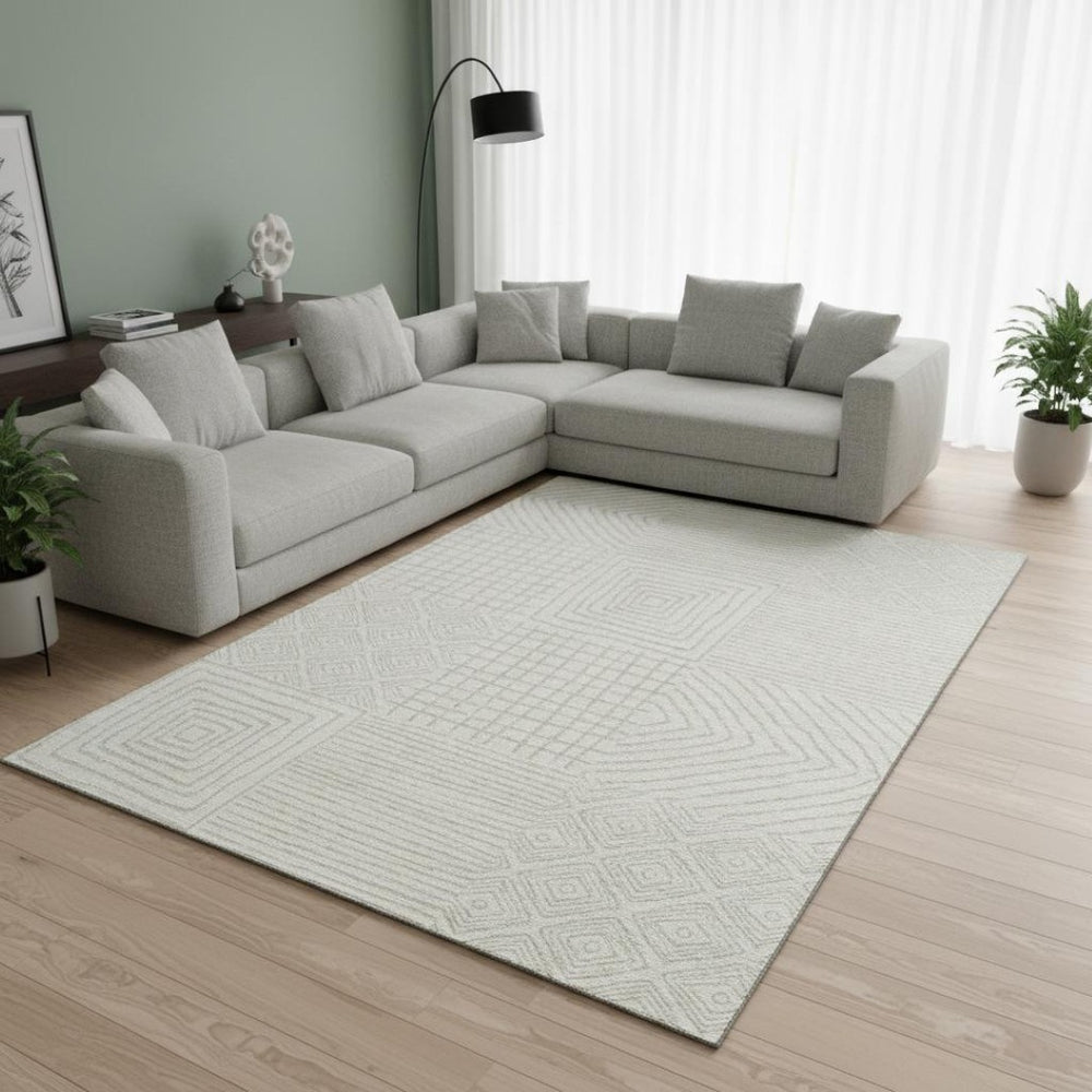 HomeRoots 8' X 10' Ivory and Beige Geometric Area Rug - Washable, UV-Protected, Perfect for High-Traffic Spaces! 681897