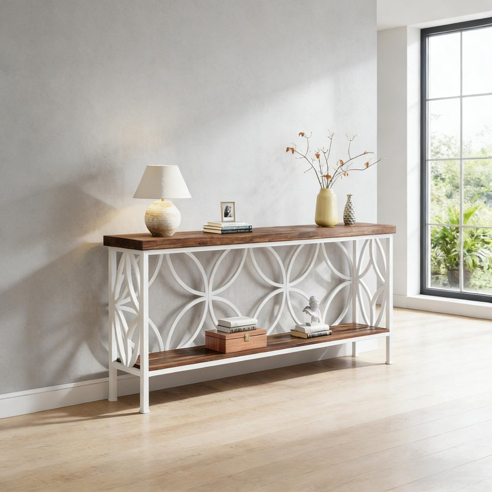 English Elm Coffee Console Table Industrial Metal Frame Vintage Wood Grain 2 Tier Entryway Sofa Rustic,White T3971P446786
