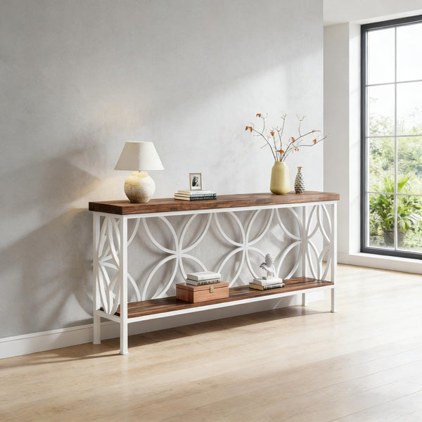 English Elm Coffee Console Table Industrial Metal Frame Vintage Wood Grain 2 Tier Entryway Sofa Rustic,White T3971P446786