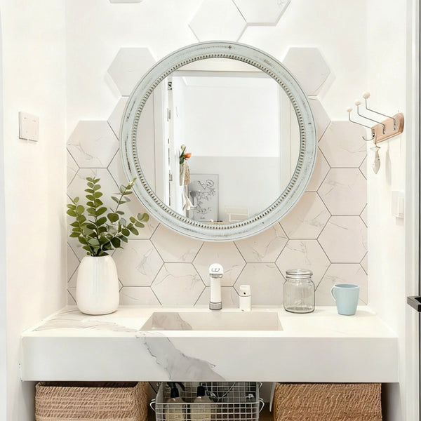 English Elm Round Distressed White Wood Beaded Wall Mirror – Vintage Farmhouse Accent For Brightening Spaces W2295P388974-GIGA