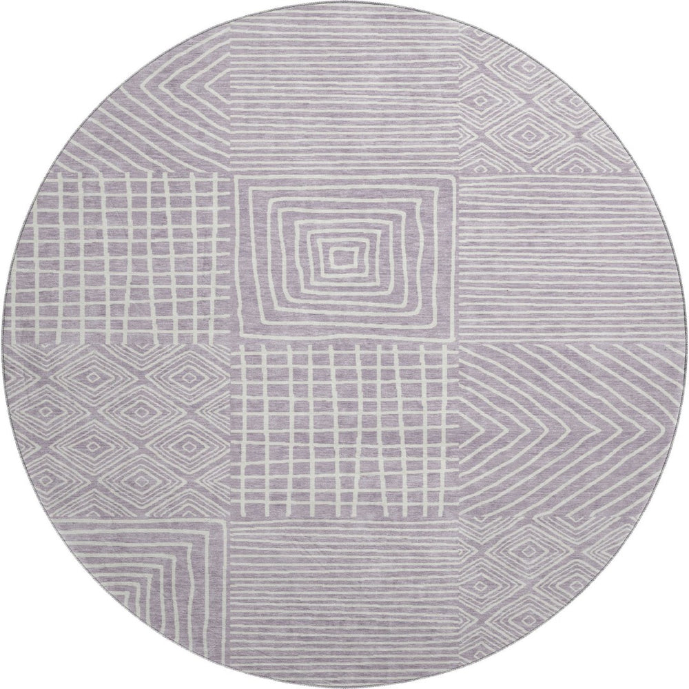HomeRoots 8' Stylish Lavender and Ivory Geometric Round Rug – Washable, UV Protected, Perfect for High-Traffic Areas 681902