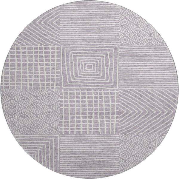 HomeRoots 8' Stylish Lavender and Ivory Geometric Round Rug – Washable, UV Protected, Perfect for High-Traffic Areas 681902
