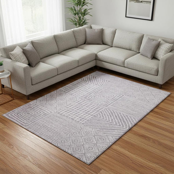 HomeRoots 10' X 14' Modern Lavender & Ivory Geometric Area Rug - Washable, UV Protected, Perfect for Homes 681905