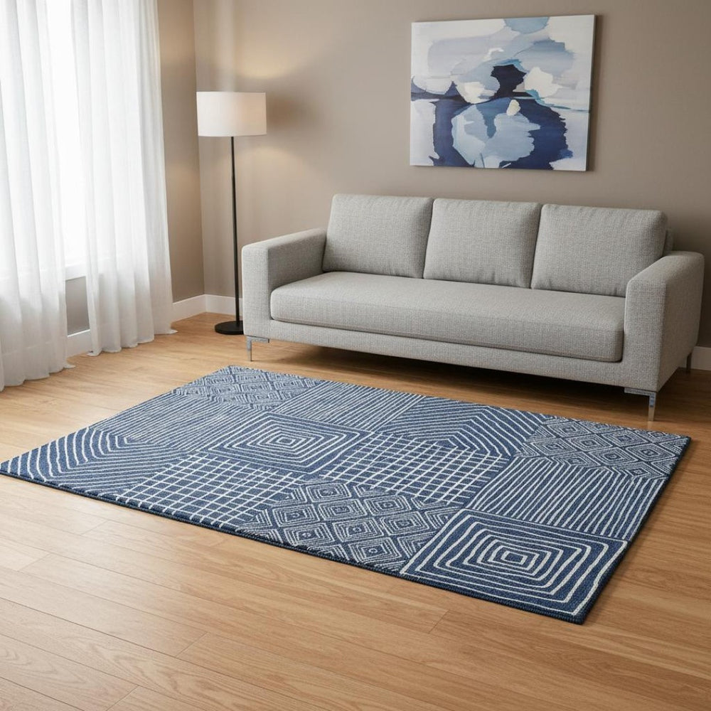 HomeRoots 5' X 8' Navy Blue & Ivory Geometric Area Rug - Washable, UV-Protected, Durable for High-Traffic Spaces 681907